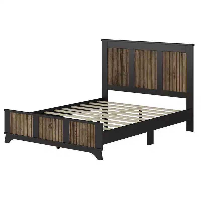 Ensemble de chambre Whisen 4 pièces, lit plateforme Queen size de style rustique, table de chevet avec rangement et commode avec poignée en métal