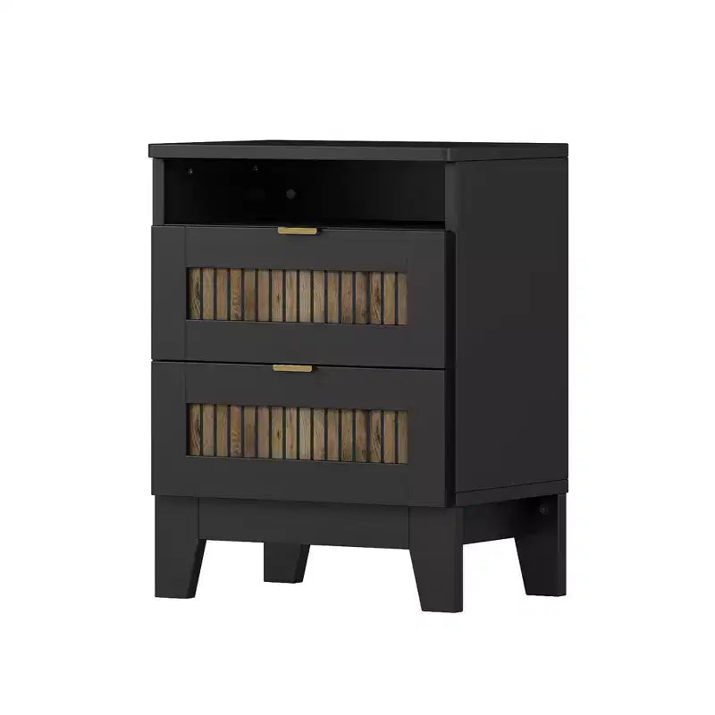 Ensemble de chambre Whisen 4 pièces, lit plateforme Queen size de style rustique, table de chevet avec rangement et commode avec poignée en métal