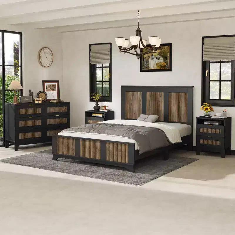 Whisen 4-Pieces Bedroom Sets, Queen Size Farmhouse Platform Bed & Storage Nightstand and Dresser with Metal Handle