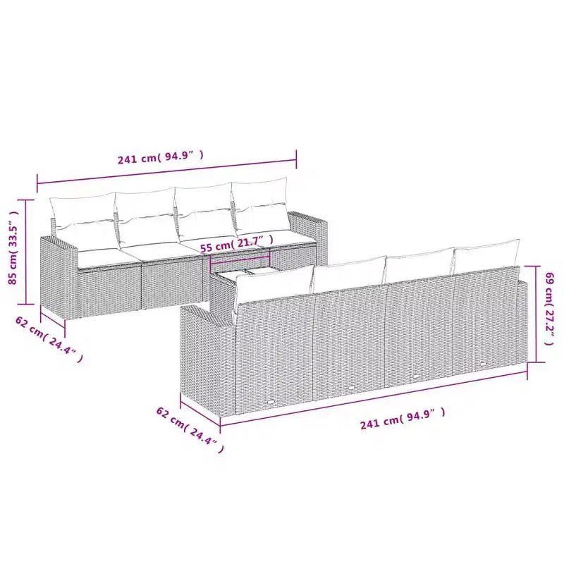 vidaXL Ensemble de canapés de jardin 9 pcs Noir, Blanc crème