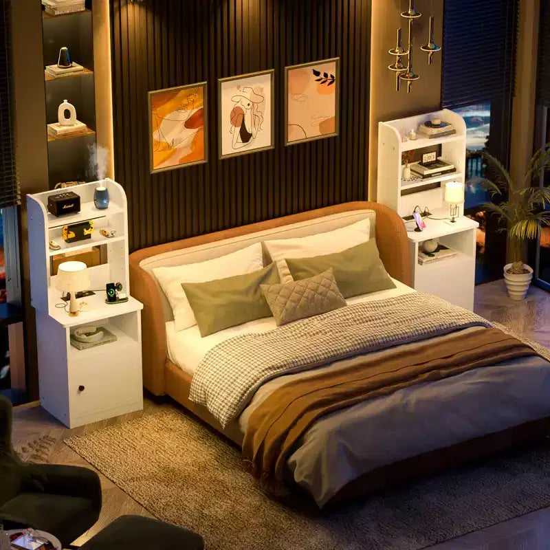 47 Étagère ajustable avec huche, Table de chevet avec station de recharge, Lumières LED