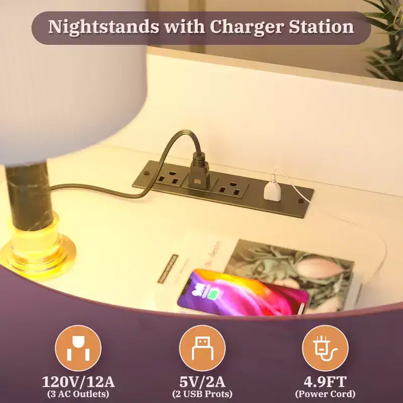 47 Étagère ajustable avec huche, Table de chevet avec station de recharge, Lumières LED