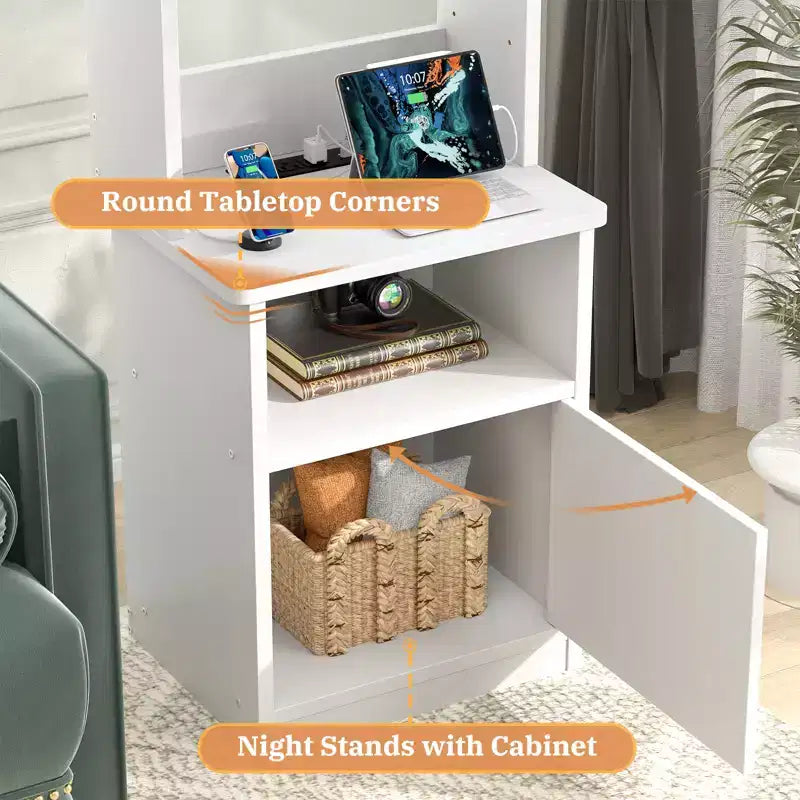 47 Étagère ajustable avec huche, Table de chevet avec station de recharge, Lumières LED