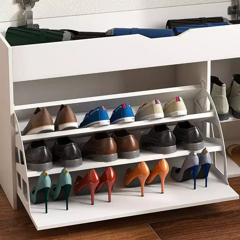 Banc d'entrée à 3 niveaux avec tiroir relevable et 1 porte, triple espace de rangement, organiseur de chaussures compact pour entrée et couloir, capacité de 181 kg