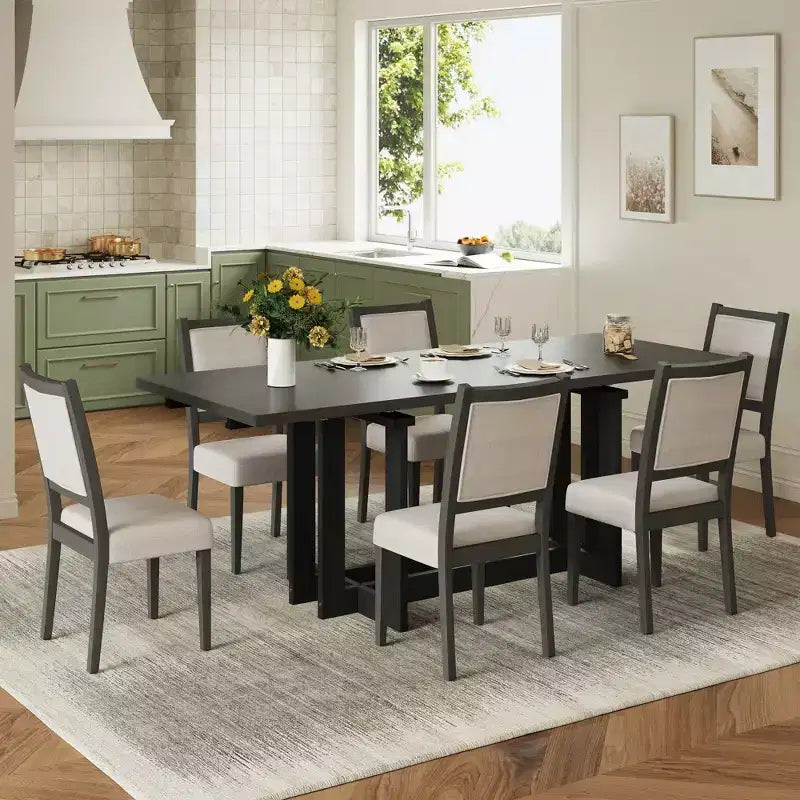Ensemble de salle à manger GDFStudio Elba 82 de 7 pièces en bois d'hévéa rembourré avec table à tréteaux extensible