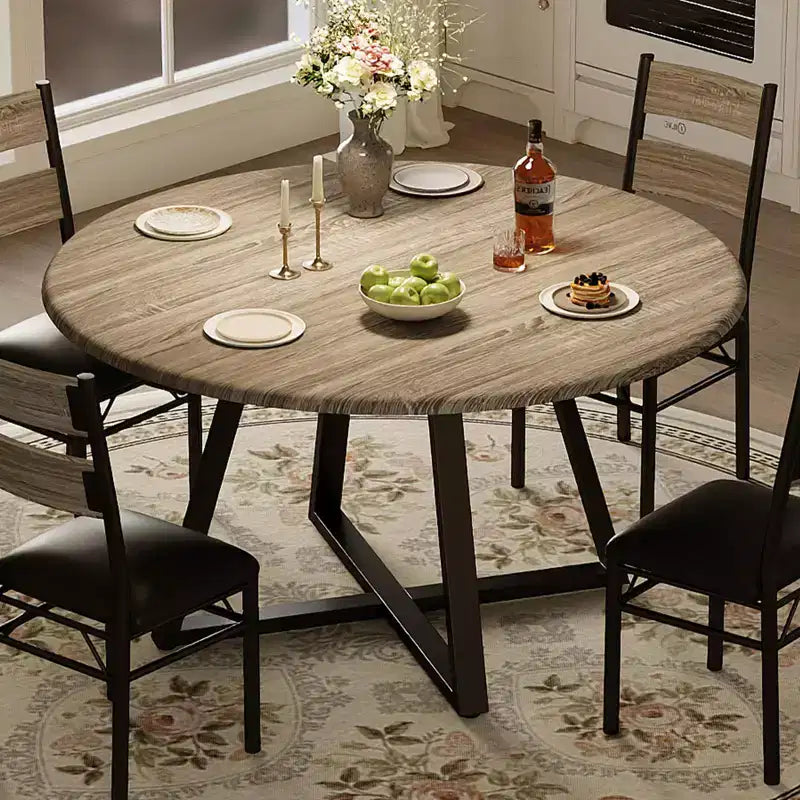 5-Piece Round Dining Table Set for 4, Sturdy Wooden Kitchen Table and 4 Upholstered Chairs, Space-Saving Circle Dinner Table Set for Dining Room