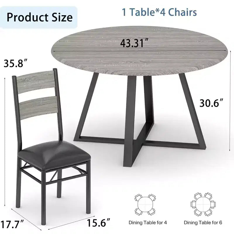 Ensemble de salle à manger rond 5 pièces pour 4 personnes, table de cuisine robuste en bois et 4 chaises rembourrées, ensemble de table à manger circulaire peu encombrant pour salle à manger