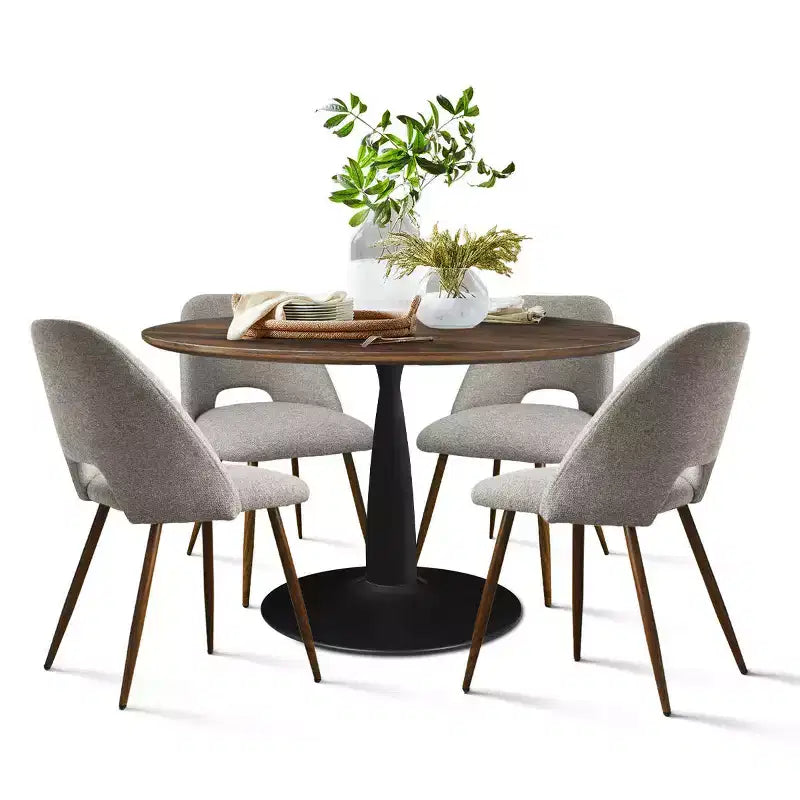 Ensemble de salle à manger 5 pièces pour 4 personnes, table à manger ronde noyer avec pied piédestal en métal + 4 chaises sans accoudoirs rembourrées pour salle à manger, cuisine - Panipeachy