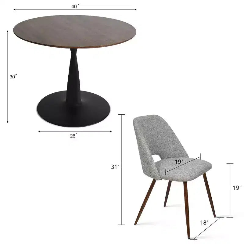 Ensemble de salle à manger 5 pièces pour 4 personnes, table à manger ronde noyer avec pied piédestal en métal + 4 chaises sans accoudoirs rembourrées pour salle à manger, cuisine - Panipeachy