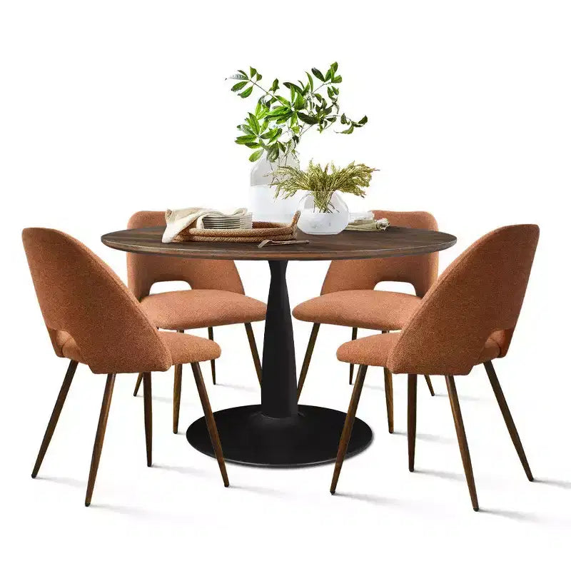 Ensemble de salle à manger 5 pièces pour 4 personnes, table à manger ronde noyer avec pied piédestal en métal + 4 chaises sans accoudoirs rembourrées pour salle à manger, cuisine - Panipeachy