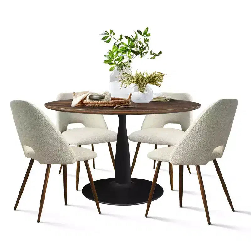 Ensemble de salle à manger 5 pièces pour 4 personnes, table à manger ronde noyer avec pied piédestal en métal + 4 chaises sans accoudoirs rembourrées pour salle à manger, cuisine - Panipeachy