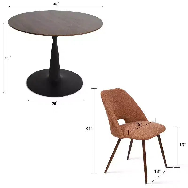 Ensemble de salle à manger 5 pièces pour 4 personnes, table à manger ronde noyer avec pied piédestal en métal + 4 chaises sans accoudoirs rembourrées pour salle à manger, cuisine - Panipeachy