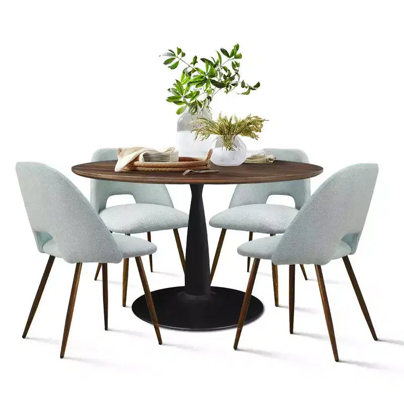 Ensemble de salle à manger 5 pièces pour 4 personnes, table à manger ronde noyer avec pied piédestal en métal + 4 chaises sans accoudoirs rembourrées pour salle à manger, cuisine - Panipeachy