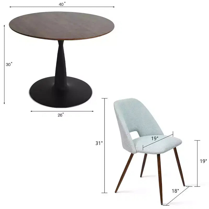 Ensemble de salle à manger 5 pièces pour 4 personnes, table à manger ronde noyer avec pied piédestal en métal + 4 chaises sans accoudoirs rembourrées pour salle à manger, cuisine - Panipeachy