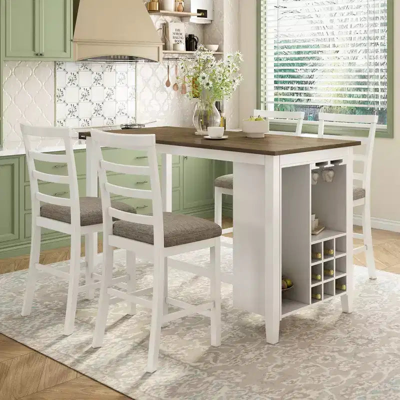Farmhouse 5 Pieces Counter Height Dining Set with Chairs for 4, Wooden Rectangular Table with Storage Shelves and Bar Wine Compartment