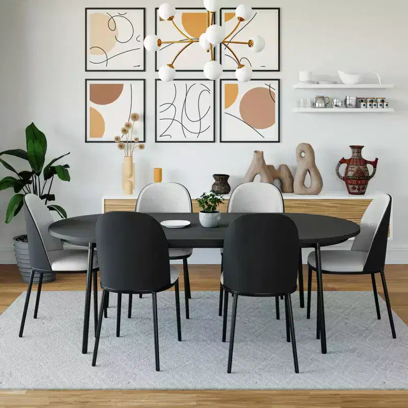 Ensemble de salle à manger 7 pièces LeisureMod Tule avec cadre en acier, 6 chaises de salle à manger rembourrées et table de salle à manger ovale de 180 cm avec plateau en bois