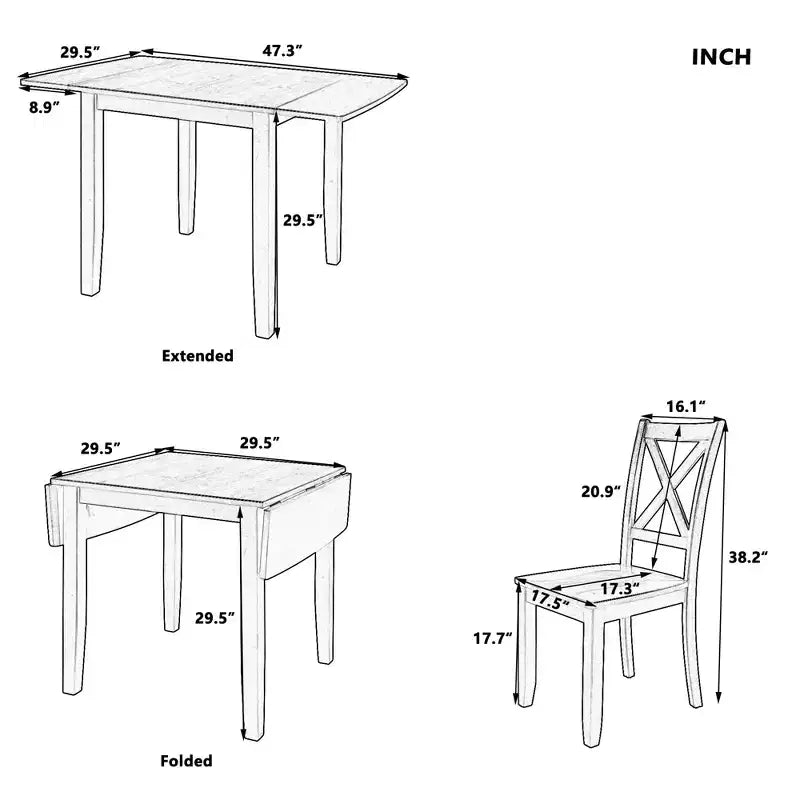 GDFStudio Torquil Ensemble repas 3 pièces en bois d'hévéa avec table pliante et 2 chaises à dossier en croix