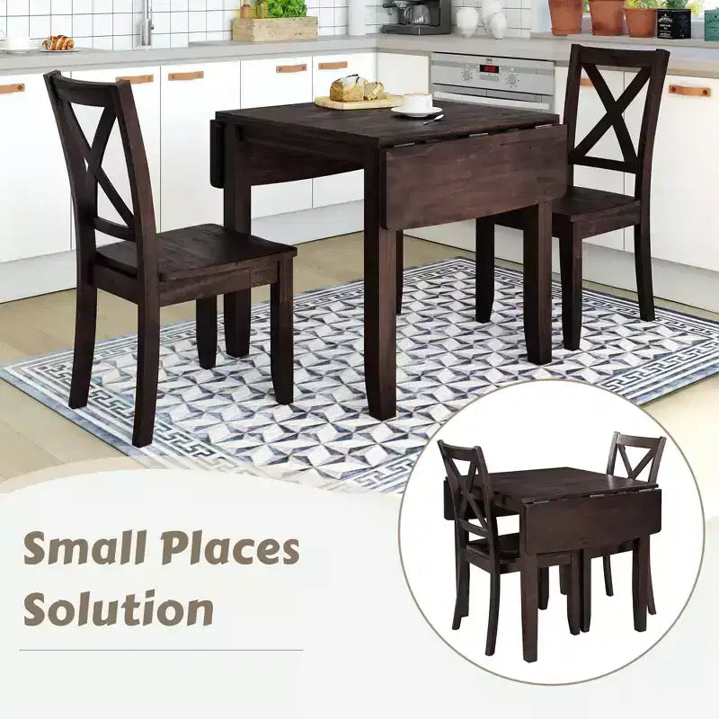 GDFStudio Torquil Ensemble repas 3 pièces en bois d'hévéa avec table pliante et 2 chaises à dossier en croix