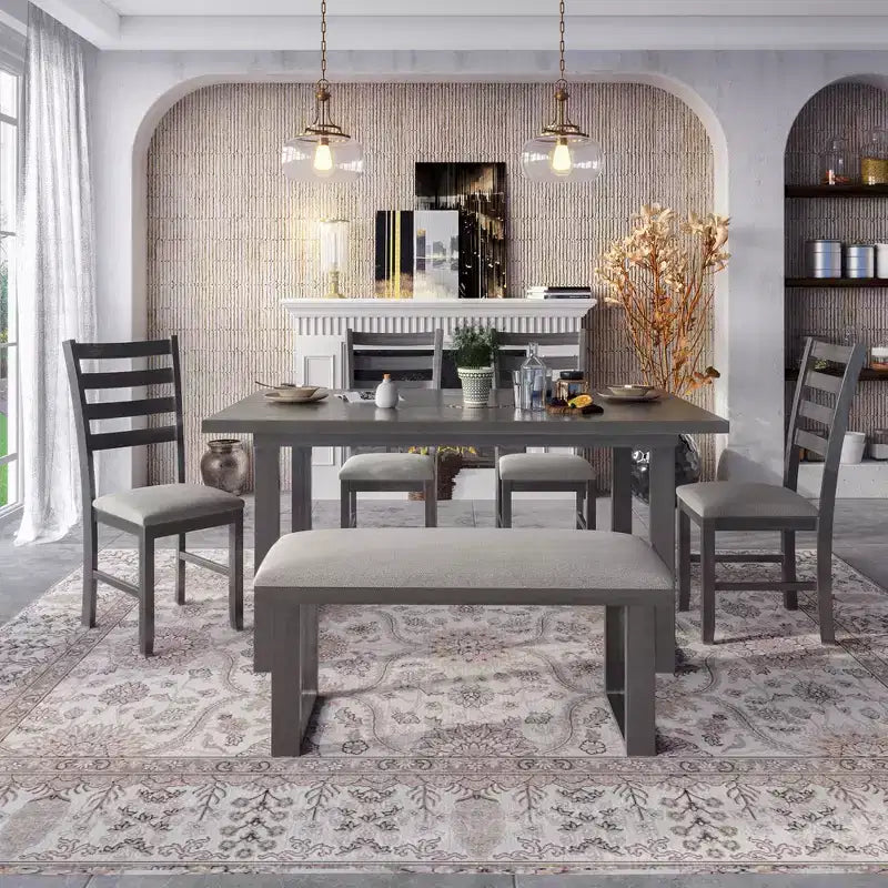 Ensemble de salle à manger 6 pièces de style ferme avec banc, table rectangulaire en bois et 4 chaises rembourrées pour cuisine, gris