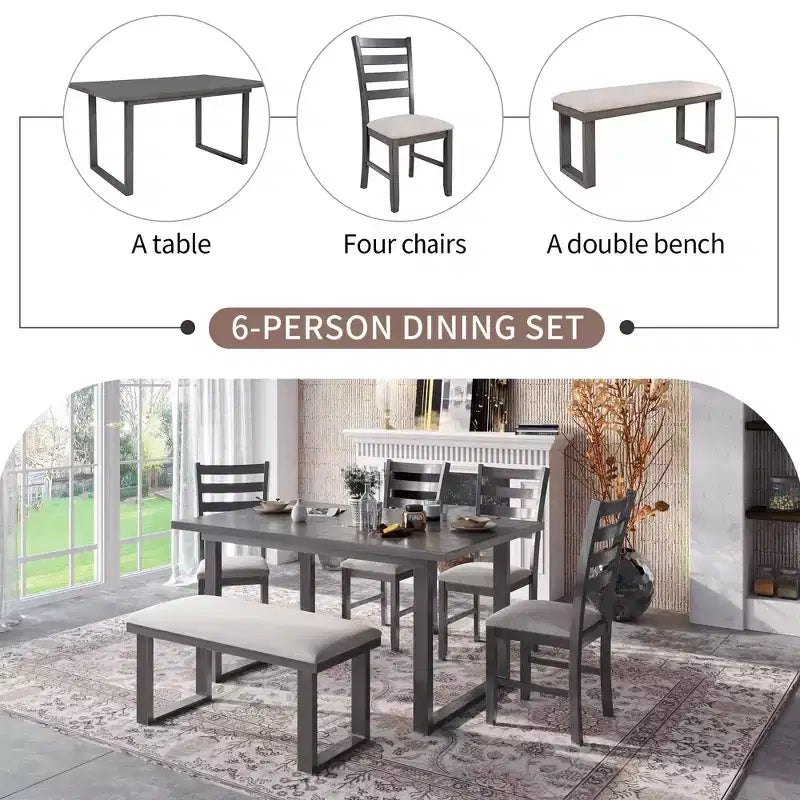 Ensemble de salle à manger 6 pièces de style ferme avec banc, table rectangulaire en bois et 4 chaises rembourrées pour cuisine, gris