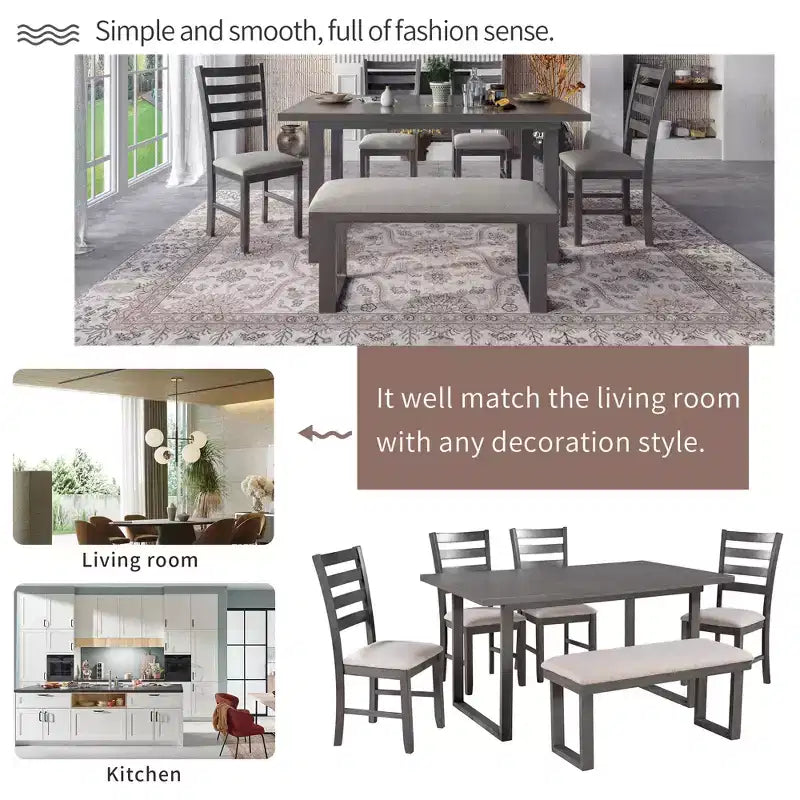 Ensemble de salle à manger 6 pièces de style ferme avec banc, table rectangulaire en bois et 4 chaises rembourrées pour cuisine, gris