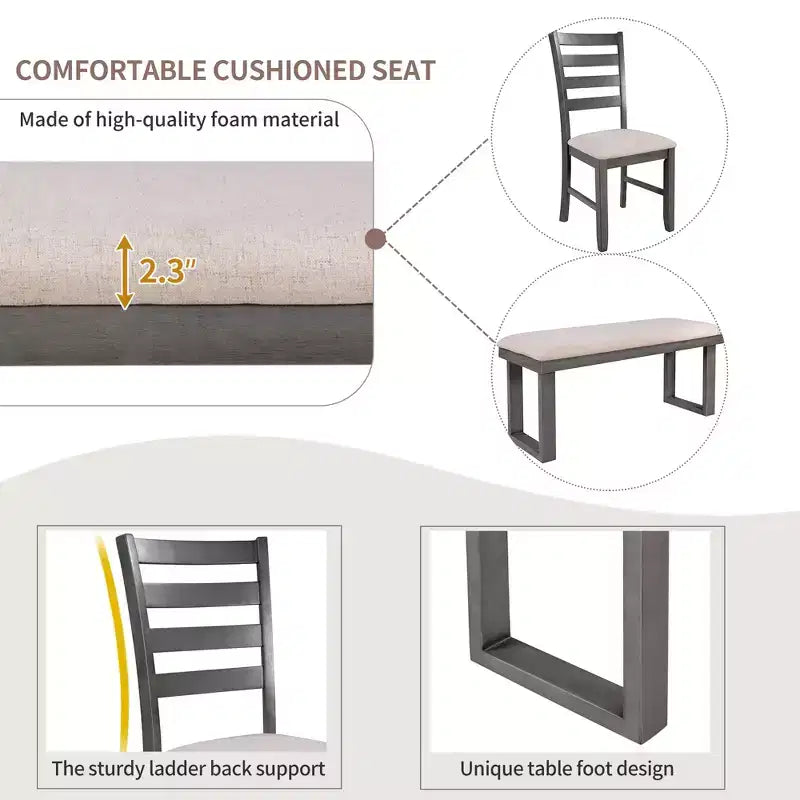 Ensemble de salle à manger 6 pièces de style ferme avec banc, table rectangulaire en bois et 4 chaises rembourrées pour cuisine, gris