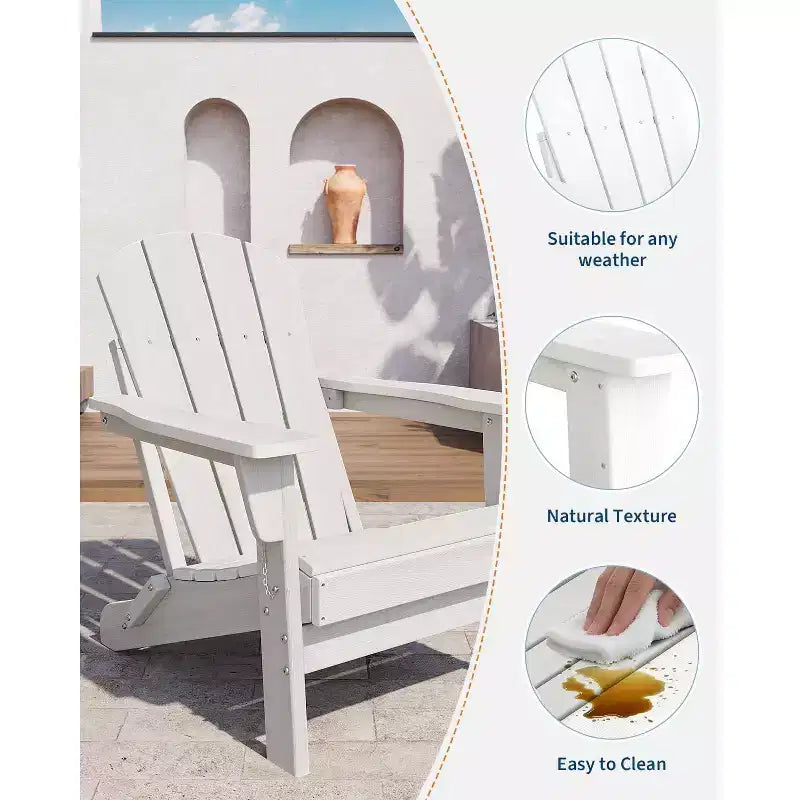 Ensemble de 2 chaises Adirondack pliantes avec table d'appoint, en plastique HDPE imitation bois, capacité de 172 kg, ensemble d'extérieur résistant aux intempéries pour patio, terrasse, foyer