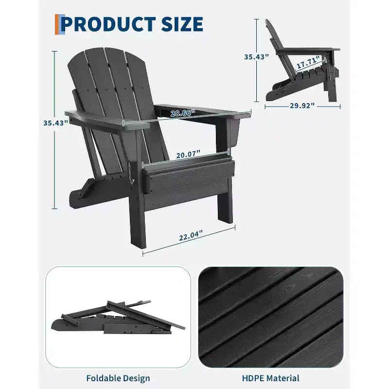 Ensemble de 2 chaises Adirondack pliantes avec table d'appoint, en plastique HDPE imitation bois, capacité de 172 kg, ensemble d'extérieur résistant aux intempéries pour patio, terrasse, foyer