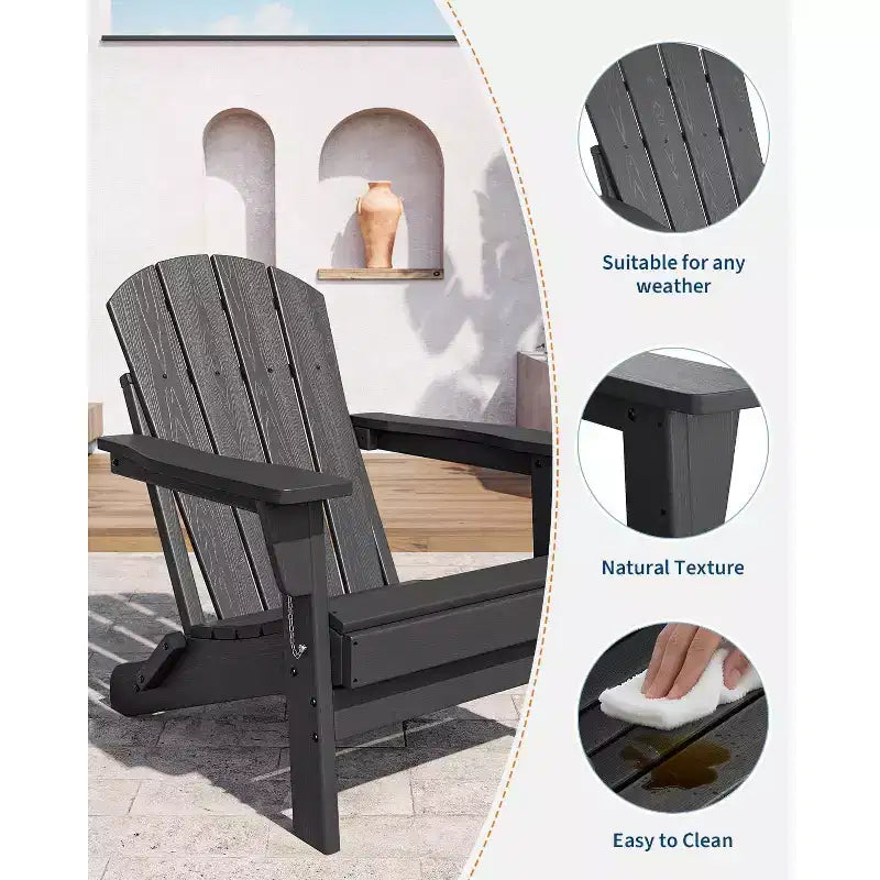 Ensemble de 2 chaises Adirondack pliantes avec table d'appoint, en plastique HDPE imitation bois, capacité de 172 kg, ensemble d'extérieur résistant aux intempéries pour patio, terrasse, foyer