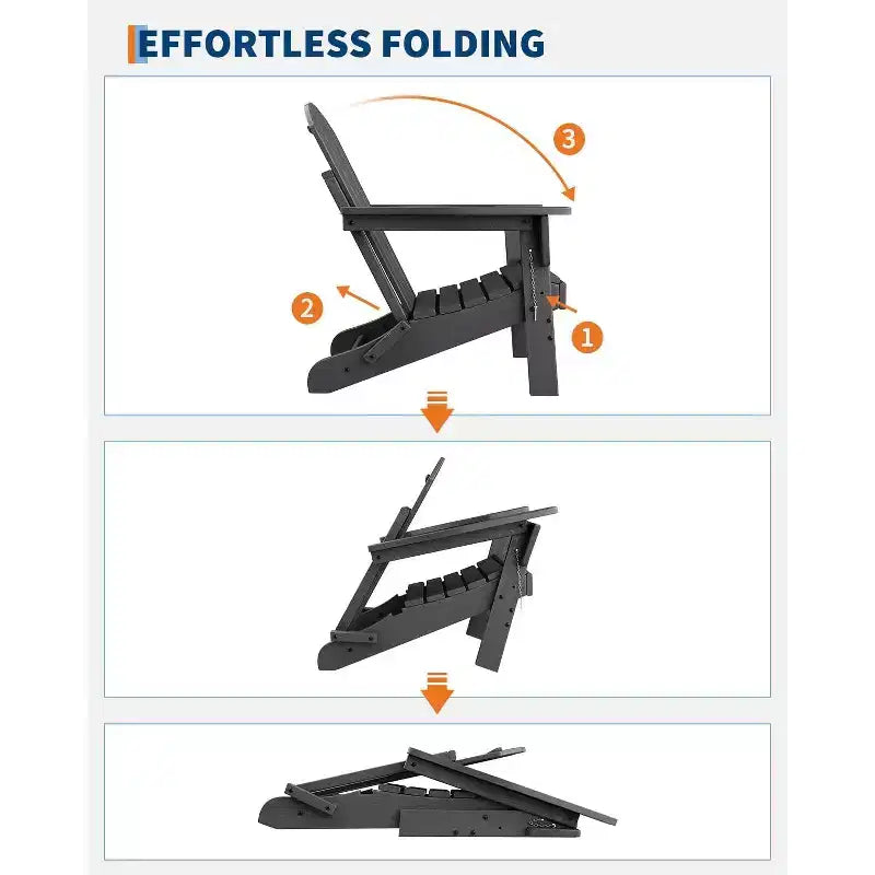 Ensemble de 2 chaises Adirondack pliantes avec table d'appoint, en plastique HDPE imitation bois, capacité de 172 kg, ensemble d'extérieur résistant aux intempéries pour patio, terrasse, foyer