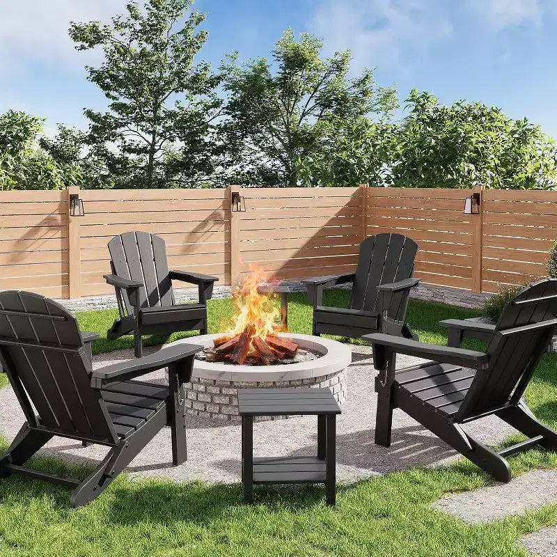 Ensemble de 2 chaises Adirondack pliantes avec table d'appoint, en plastique HDPE imitation bois, capacité de 172 kg, ensemble d'extérieur résistant aux intempéries pour patio, terrasse, foyer