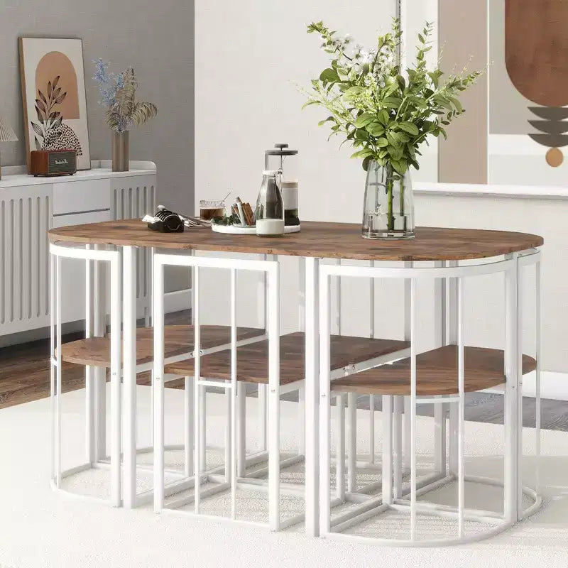Ensemble de salle à manger moderne en marbre pour 6 personnes avec structure en métal, table rectangulaire en marbre autocollant et 6 chaises pour salle à manger et cuisine.