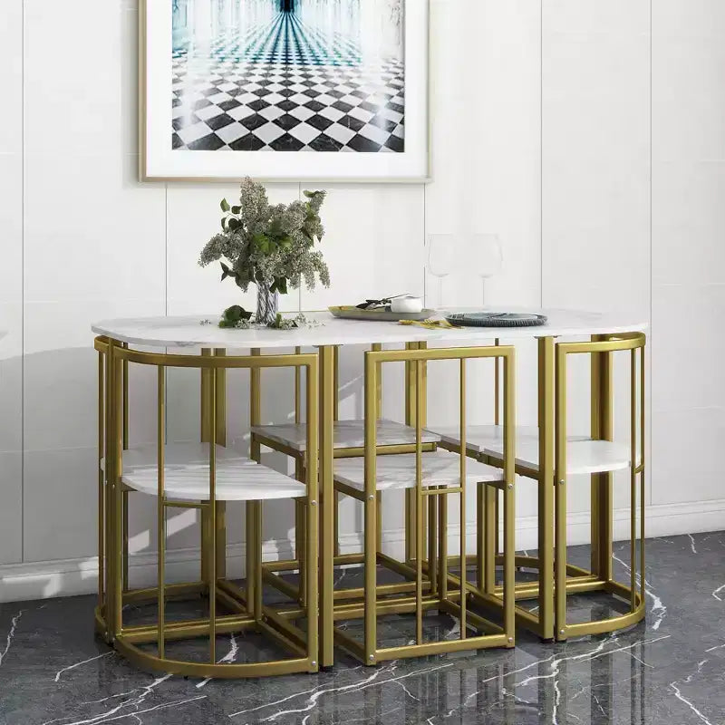 Ensemble de salle à manger moderne en marbre pour 6 personnes avec structure en métal, table rectangulaire en marbre autocollant et 6 chaises pour salle à manger et cuisine.