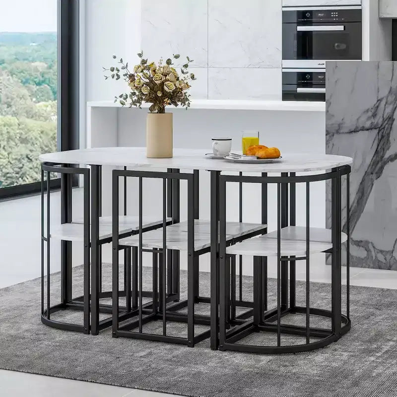 Ensemble de salle à manger moderne en marbre pour 6 personnes avec structure en métal, table rectangulaire en marbre autocollant et 6 chaises pour salle à manger et cuisine.