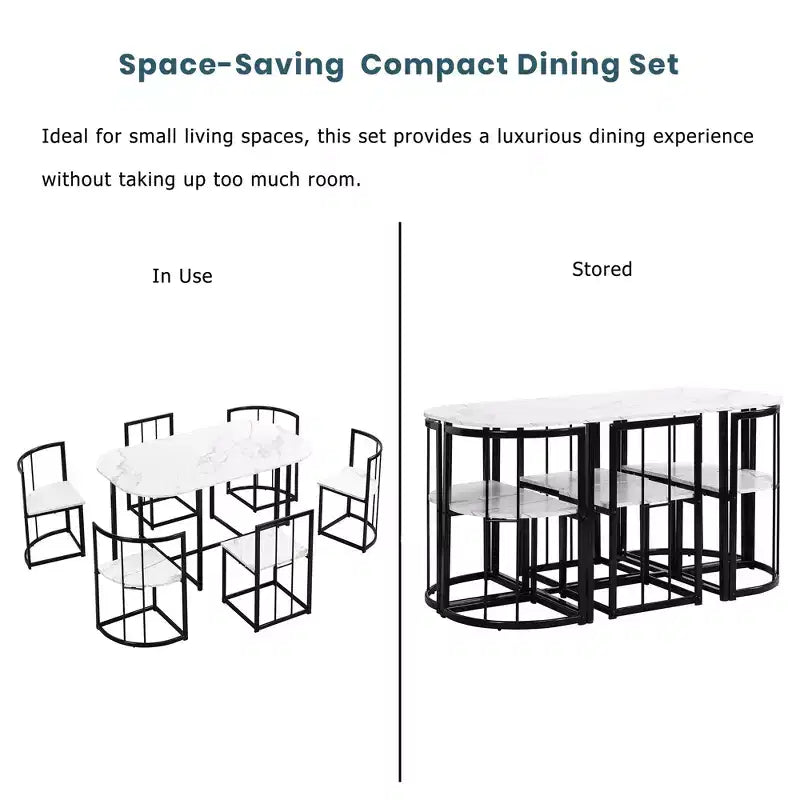 Ensemble de salle à manger moderne en marbre pour 6 personnes avec structure en métal, table rectangulaire en marbre autocollant et 6 chaises pour salle à manger et cuisine.