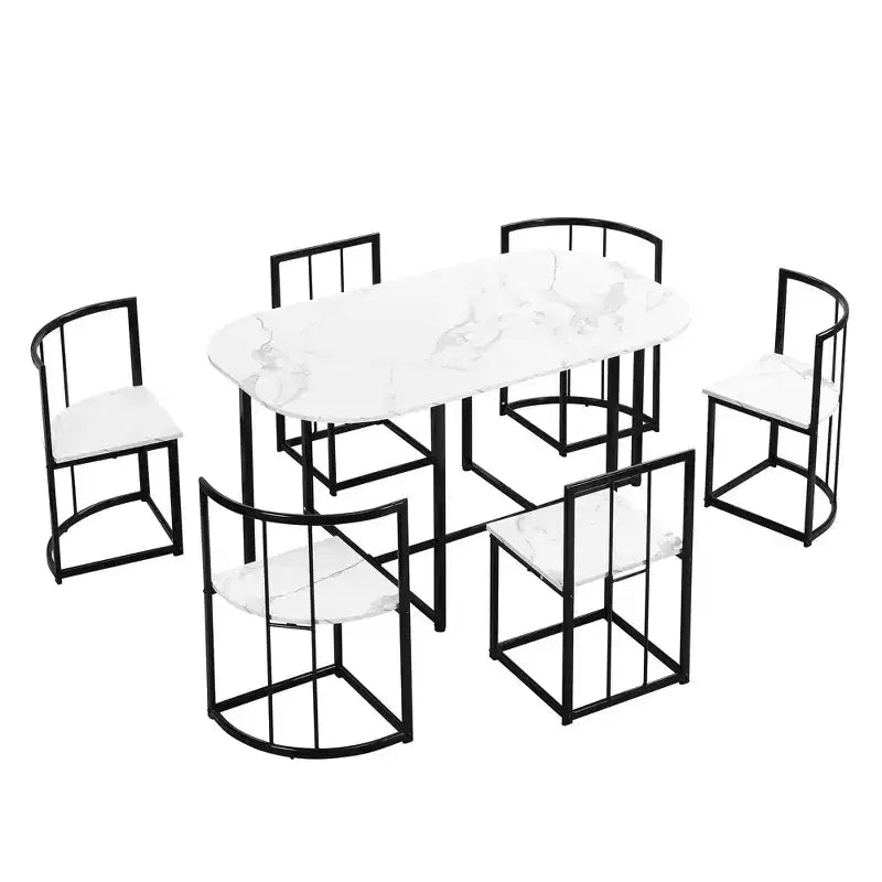 Ensemble de salle à manger moderne en marbre pour 6 personnes avec structure en métal, table rectangulaire en marbre autocollant et 6 chaises pour salle à manger et cuisine.