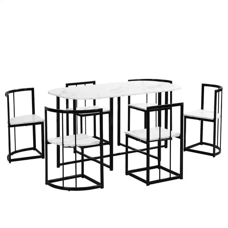 Ensemble de salle à manger moderne en marbre pour 6 personnes avec structure en métal, table rectangulaire en marbre autocollant et 6 chaises pour salle à manger et cuisine.