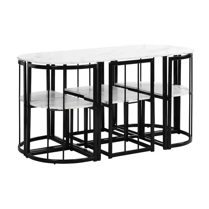 Ensemble de salle à manger moderne en marbre pour 6 personnes avec structure en métal, table rectangulaire en marbre autocollant et 6 chaises pour salle à manger et cuisine.