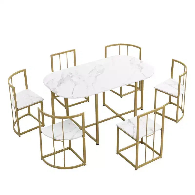 Ensemble de salle à manger moderne en marbre pour 6 personnes avec structure en métal, table rectangulaire en marbre autocollant et 6 chaises pour salle à manger et cuisine.
