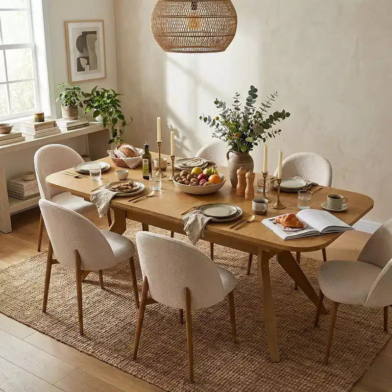 78-96 Modern Extendable Dining Table Set for 6/8, Japandi Dining Room Set with Beige Upholstered Chairs, V-Leg Trestle Base-Panipeachy