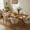 78-96 Modern Extendable Dining Table Set for 6/8, Japandi Dining Room Set with Beige Upholstered Chairs, V-Leg Trestle Base-Panipeachy
