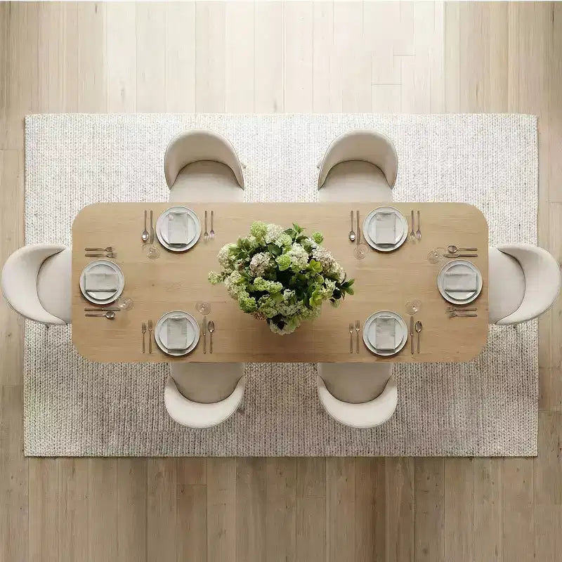 78-96 Table de salle à manger extensible moderne pour 6/8 personnes, ensemble de salle à manger Japandi avec chaises rembourrées beiges, piètement en tréteaux en V-Panipeachy