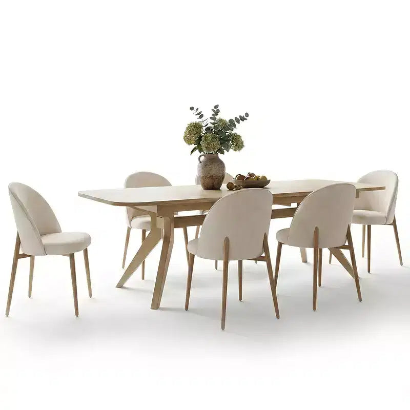 78-96 Table de salle à manger extensible moderne pour 6/8 personnes, ensemble de salle à manger Japandi avec chaises rembourrées beiges, piètement en tréteaux en V-Panipeachy