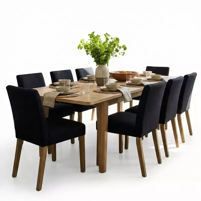 Ensemble de salle à manger extensible pour 8, table rectangulaire avec rallonges amovibles et chaises en lin sans accoudoirs, avec pieds en bois massif-Panipeachy