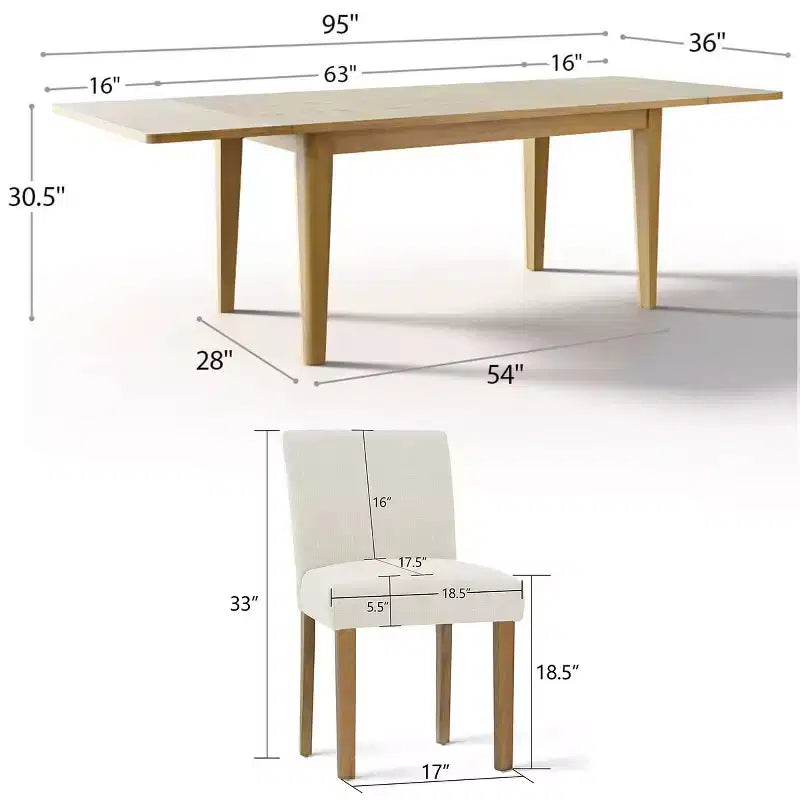 Ensemble de salle à manger extensible pour 8, table rectangulaire avec rallonges amovibles et chaises en lin sans accoudoirs, avec pieds en bois massif-Panipeachy