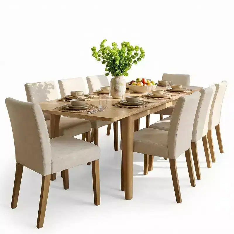 Ensemble de salle à manger extensible pour 8, table rectangulaire avec rallonges amovibles et chaises en lin sans accoudoirs, avec pieds en bois massif-Panipeachy