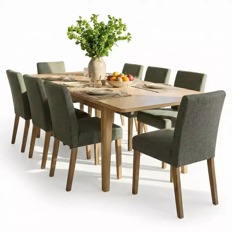 Ensemble de salle à manger extensible pour 8, table rectangulaire avec rallonges amovibles et chaises en lin sans accoudoirs, avec pieds en bois massif-Panipeachy