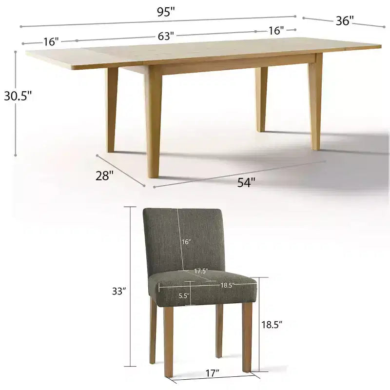 Ensemble de salle à manger extensible pour 8, table rectangulaire avec rallonges amovibles et chaises en lin sans accoudoirs, avec pieds en bois massif-Panipeachy