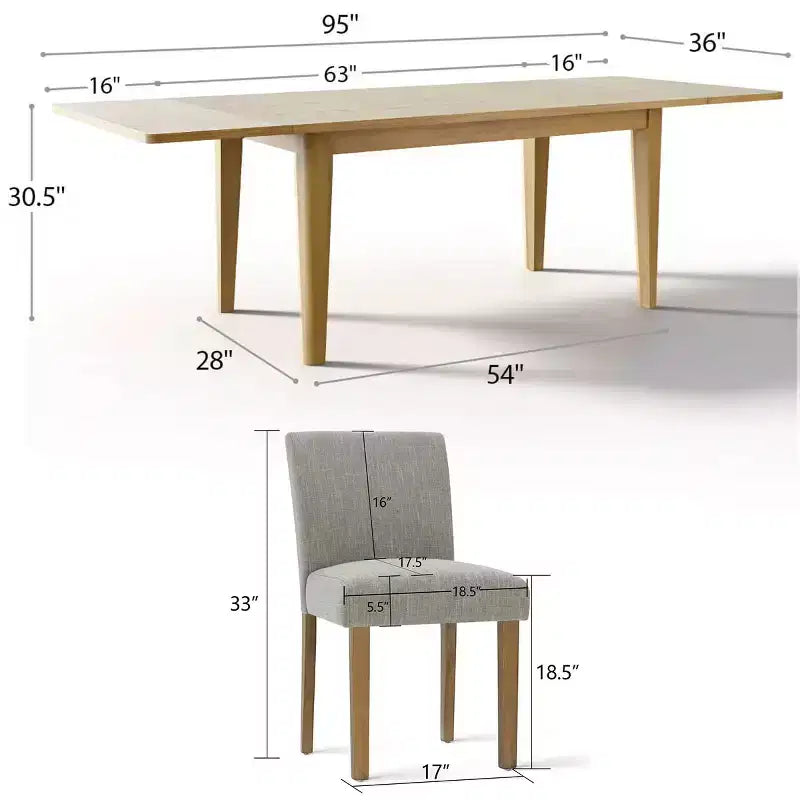 Ensemble de salle à manger extensible pour 8, table rectangulaire avec rallonges amovibles et chaises en lin sans accoudoirs, avec pieds en bois massif-Panipeachy