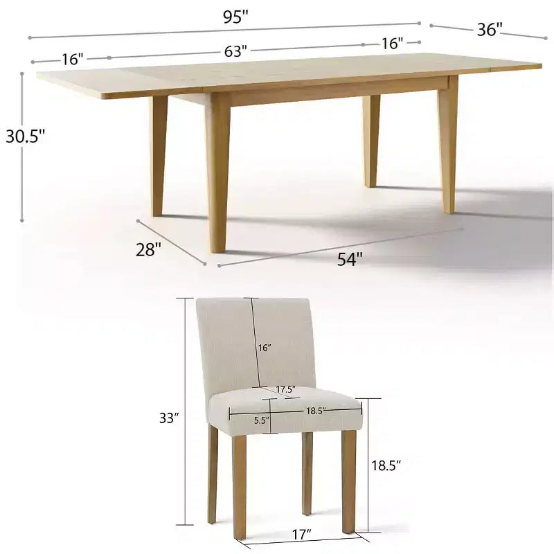 Ensemble de salle à manger extensible pour 8, table rectangulaire avec rallonges amovibles et chaises en lin sans accoudoirs, avec pieds en bois massif-Panipeachy